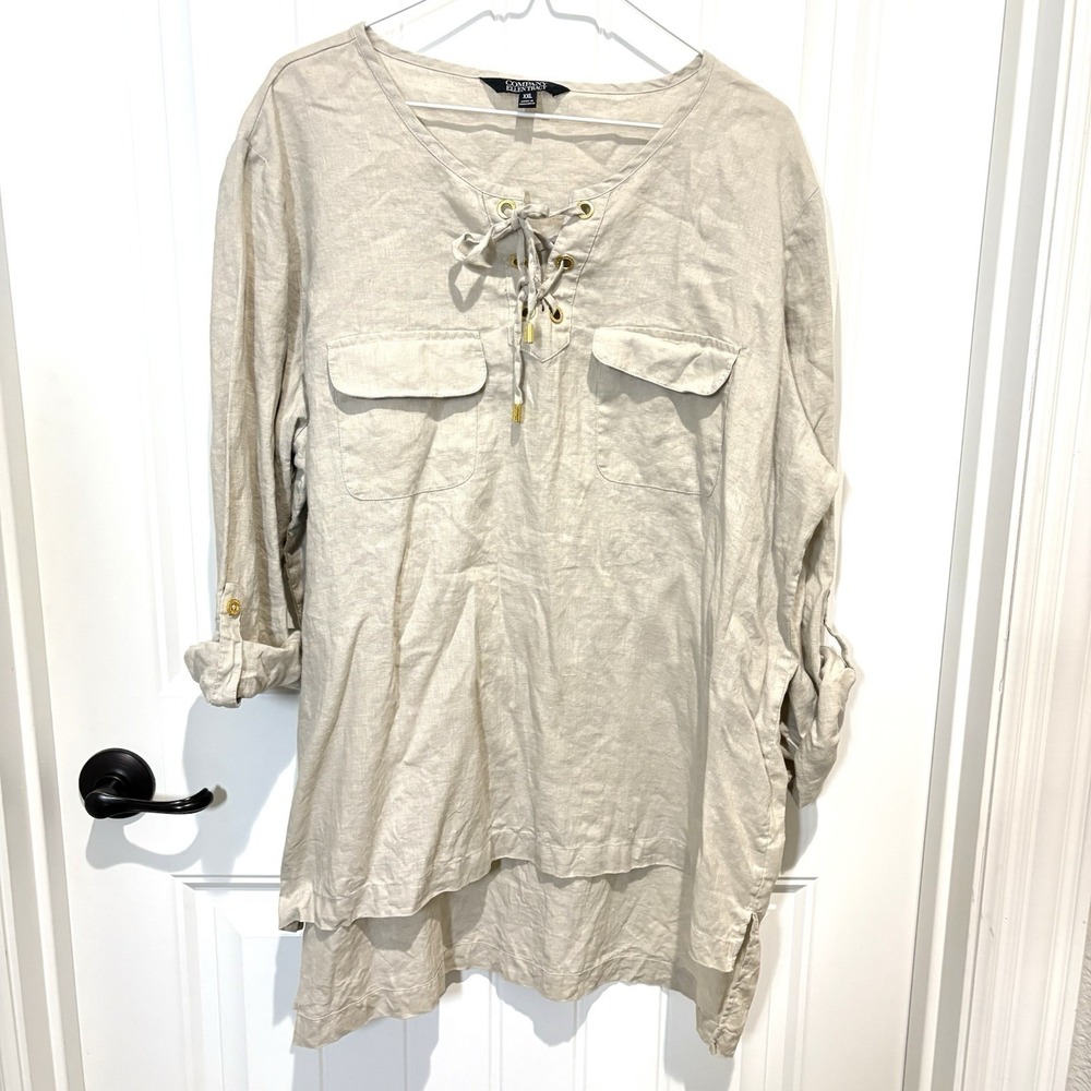 Ellen Tracy Company 3/4 Sleeve 100% linen Lace Up Hi-Lo Beige Shirt XXL